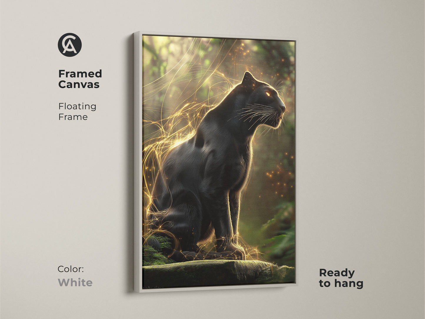 Framed canvas showcasing the Black Panther art. This gold jungle cat artwork includes a floating frame. It is ready to hang. The wildlife canvas adds a touch of elegance to eclectic decor. Its white frame enhances any room.