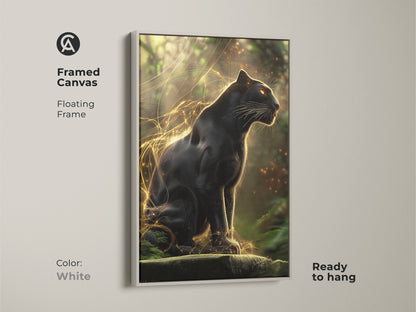 Framed canvas showcasing the Black Panther art. This gold jungle cat artwork includes a floating frame. It is ready to hang. The wildlife canvas adds a touch of elegance to eclectic decor. Its white frame enhances any room.