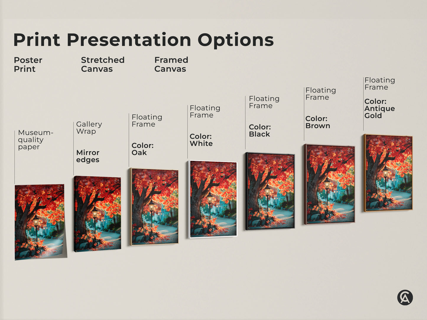 Explore our print presentation options with this autumn street scene artwork. Choose from poster prints stretched canvas and framed canvas. Each option showcases a vibrant red maple tree and vintage street lamp. Find the perfect style to complement your home decor.