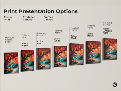 Explore our print presentation options with this autumn street scene artwork. Choose from poster prints stretched canvas and framed canvas. Each option showcases a vibrant red maple tree and vintage street lamp. Find the perfect style to complement your home decor.