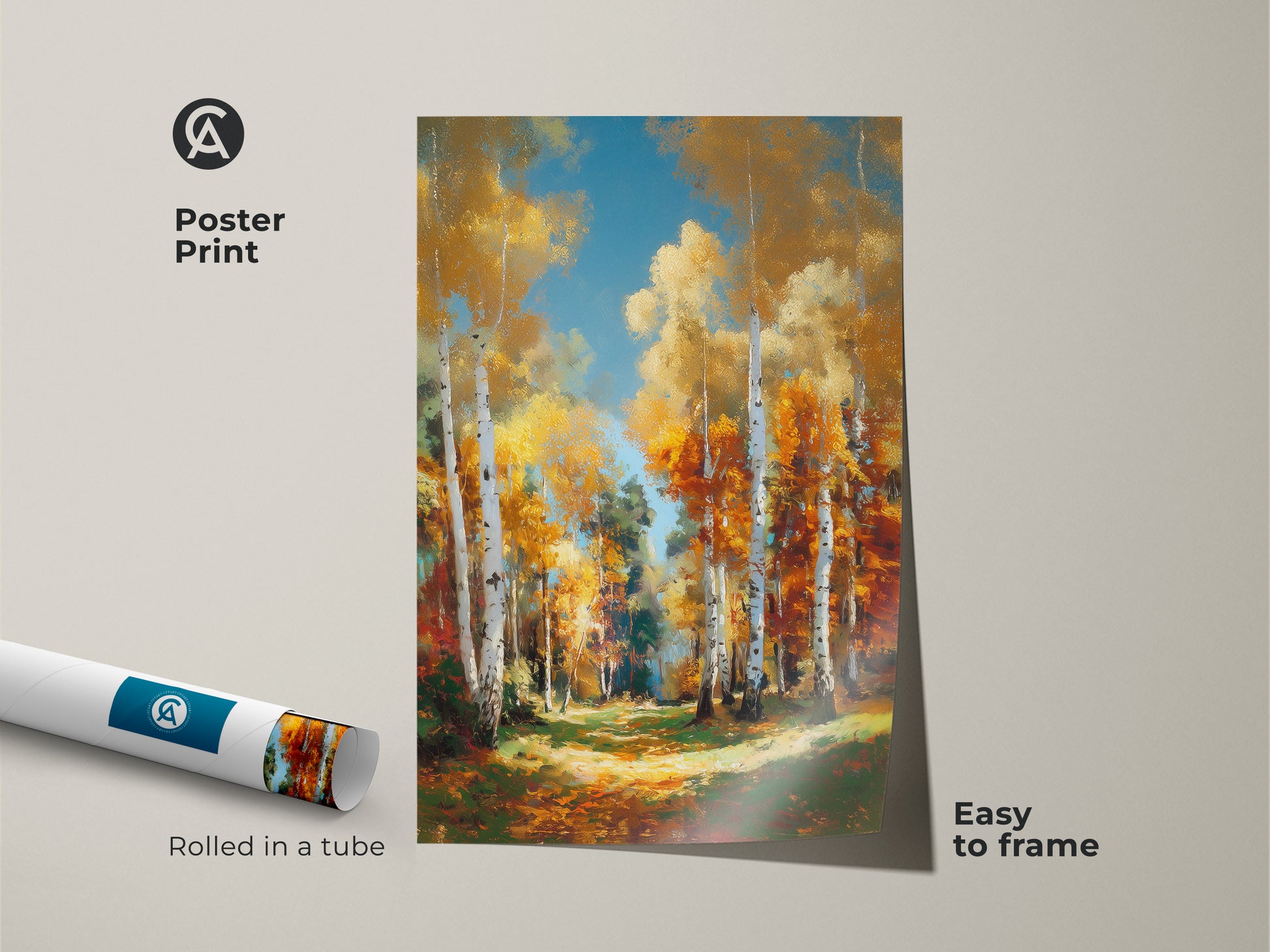 Poster print of a birch tree forest in autumn. The artwork is easy to frame. Rolled in a tube for protection. This museum-quality paper art is perfect for home decoration