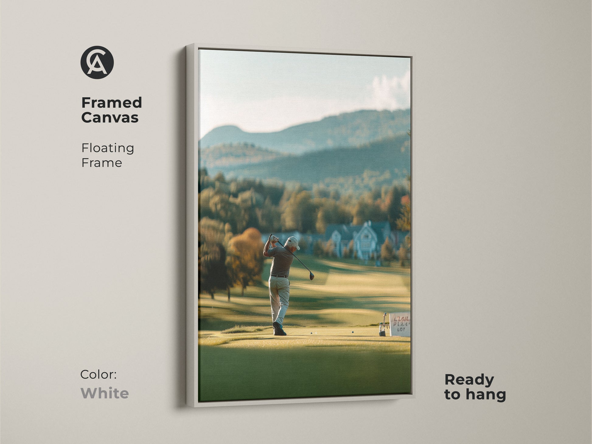 Brighten your walls with framed canvas art. A white floating frame enhances the golfer and landscape. This ready to hang piece adds a fresh touch to your decor. Perfect for golf art collectors.
