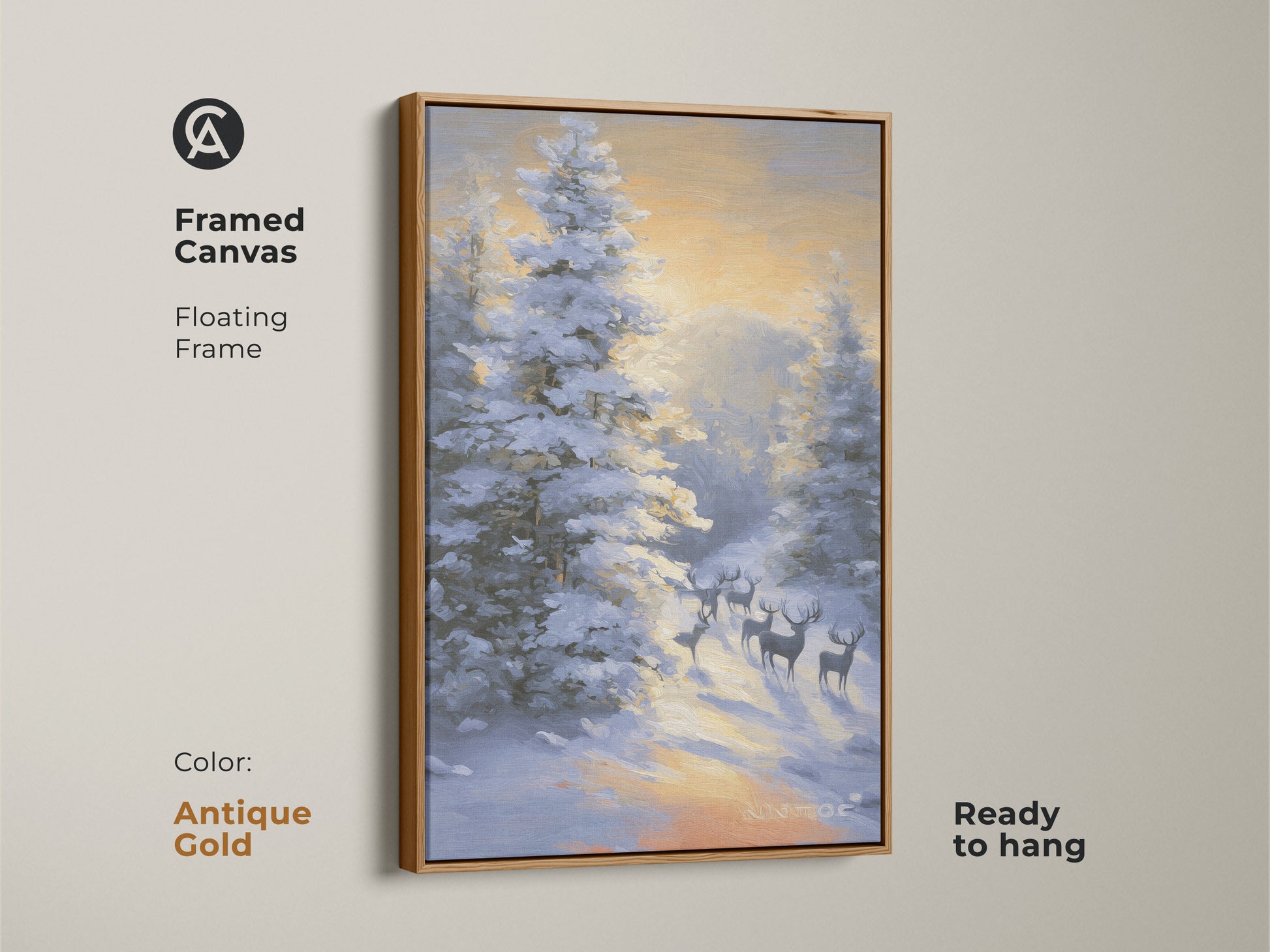 Framed canvas featuring deer in a snowy forest. The floating frame is antique gold and ready to hang. This rustic winter wildlife wall art is an impressionistic landscape painting. It is perfect traditional home decor. This is deer silhouette art