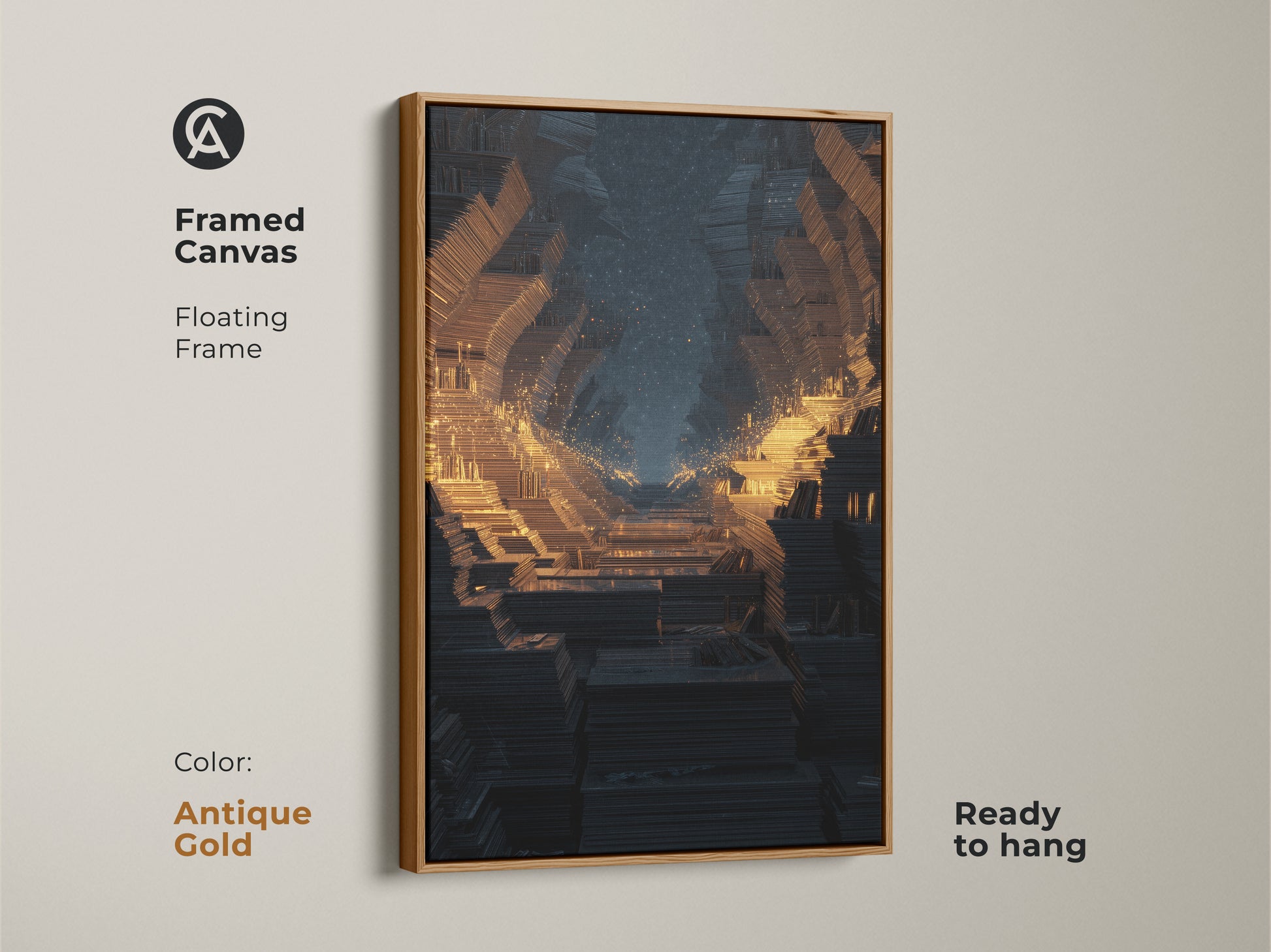 Framed canvas with a floating frame in antique gold featuring abstract fractal tunnel art. The contemporary geometric print offers dark blue gold abstract tones. Enhance your space with this piece.