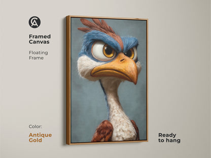 Framed cartoon bird artwork with a floating frame. The antique gold frame adds a touch of elegance. This art is ready to hang. Perfect for adding a sophisticated yet playful touch to your space.