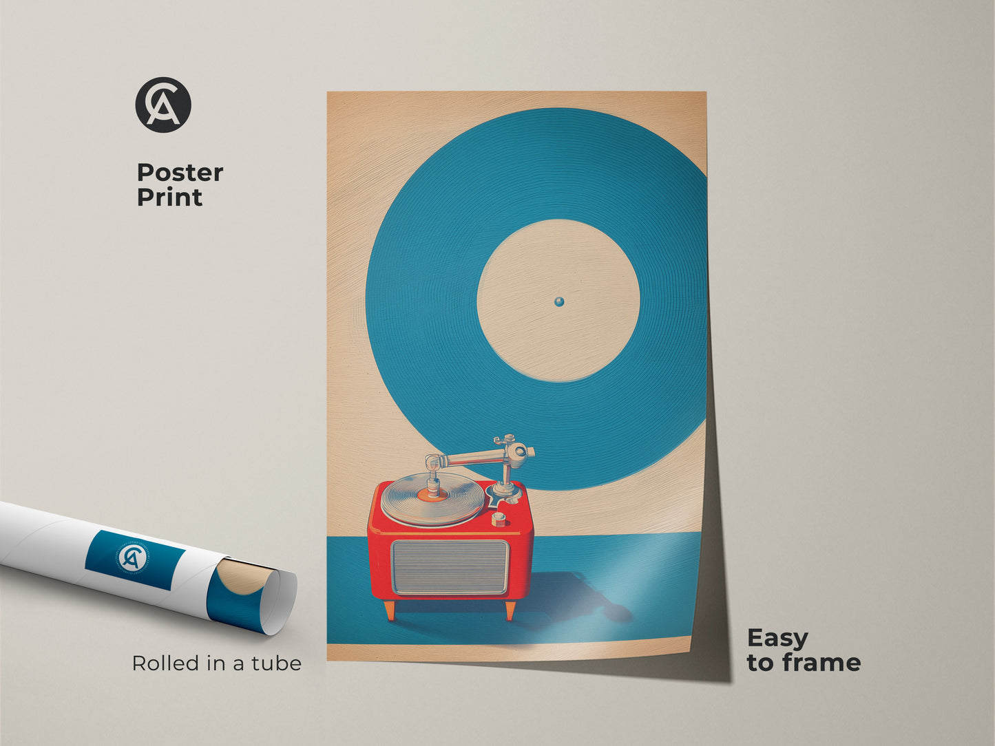 Poster print of a vintage record player. Mid-century modern turntable artwork is rolled in a tube and easy to frame. Teal and red music wall art adds a retro vibe. Pop art record collector gift brings nostalgia. Great music memorabilia art.