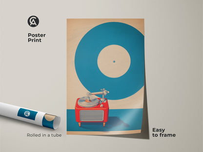 Poster print of a vintage record player. Mid-century modern turntable artwork is rolled in a tube and easy to frame. Teal and red music wall art adds a retro vibe. Pop art record collector gift brings nostalgia. Great music memorabilia art.