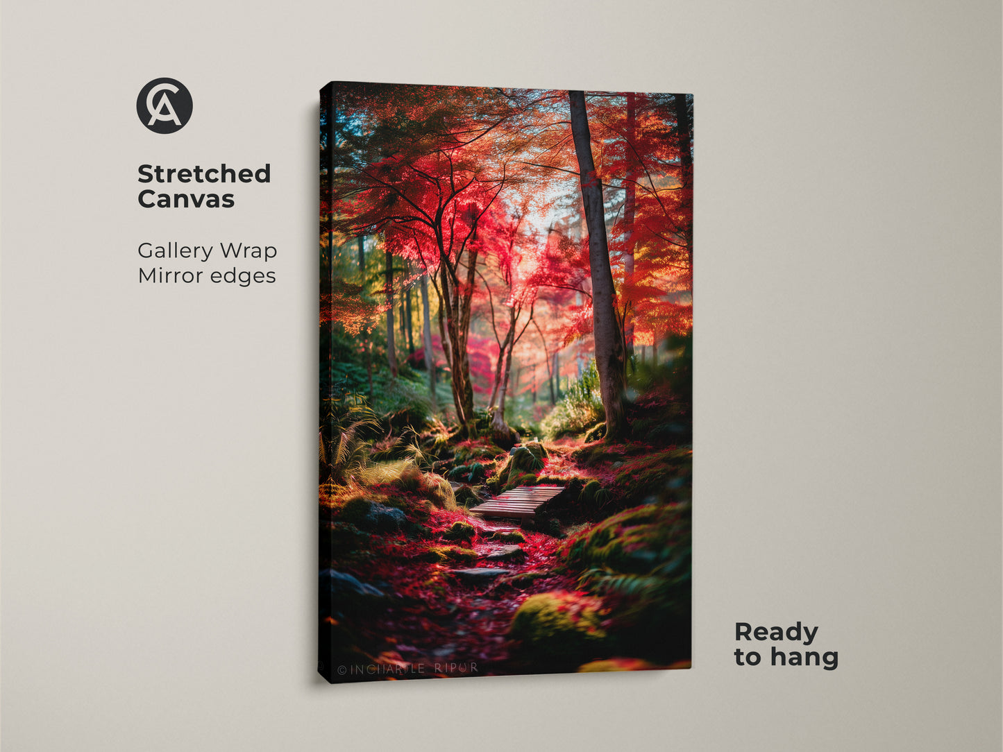Stretched canvas art featuring a vivid forest path. The gallery wrap has mirrored edges and comes ready to hang. This striking nature artwork adds warmth to any room. A great choice for home decor.