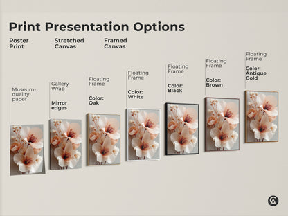 Print presentation options include poster print stretched canvas and framed canvas. Each features blush pink coral peony artwork with gray accents. Choose from gallery wrap museum-quality paper or floating frames in various colors. Perfect boho botanical home decor.
