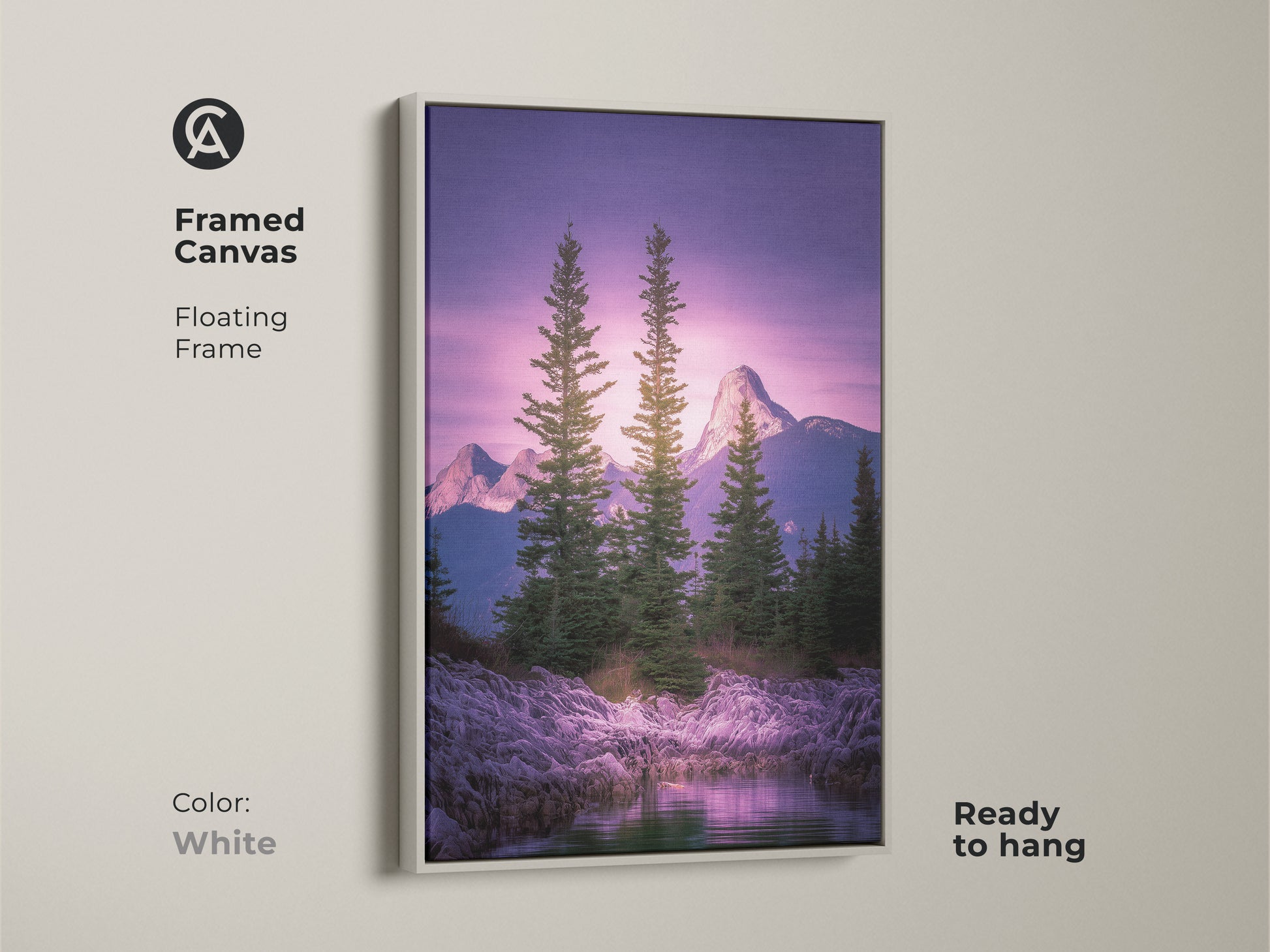 White framed canvas showcasing alpine lake art. A serene mountain view with a violet and green landscape. Pine trees and rocky shoreline create a scenic piece. Perfect bedroom landscape canvas.