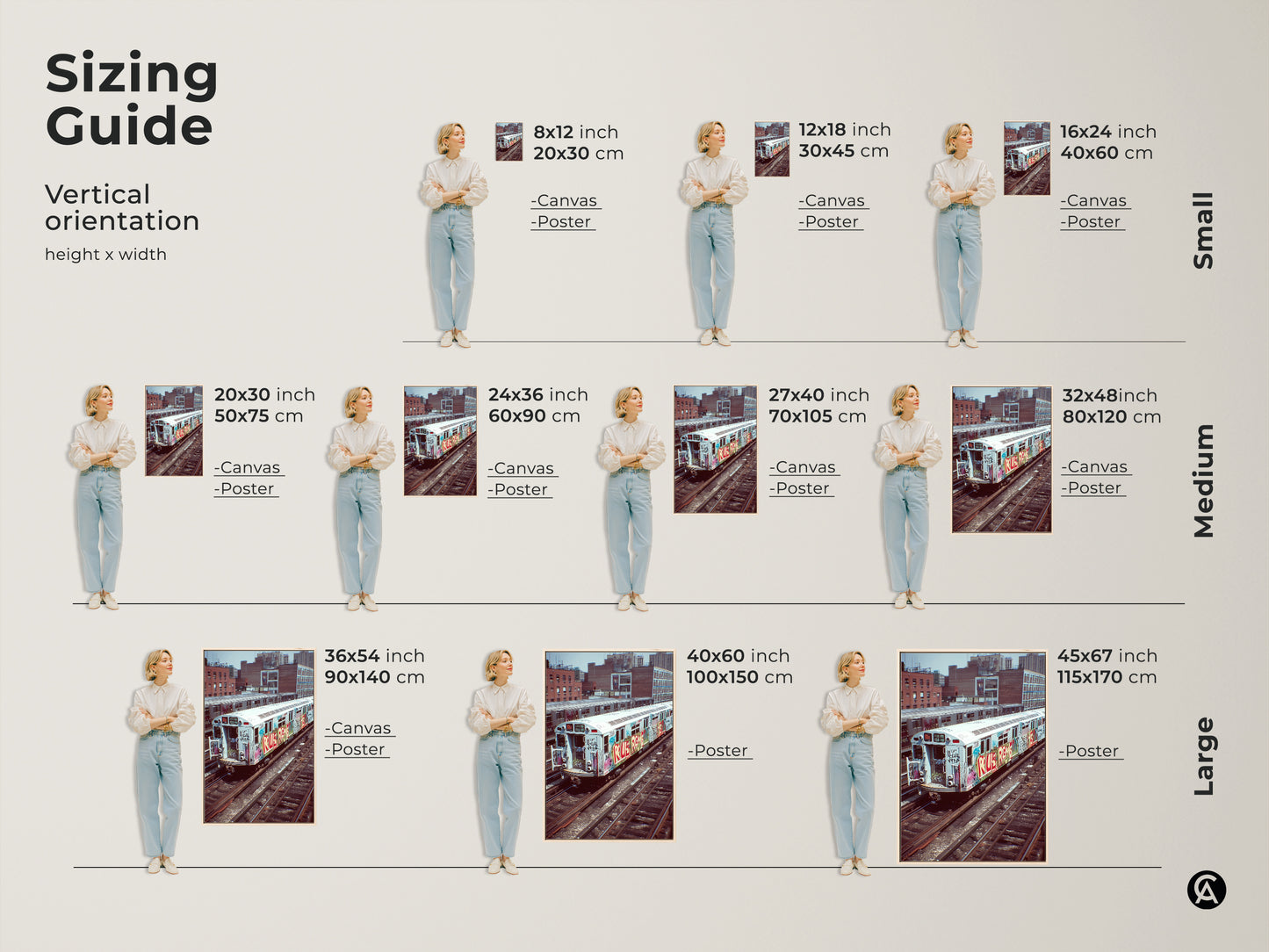 Sizing guide for vertical graffiti subway train art. Visualize canvas and poster sizes from small to large. Transform your space with industrial loft cityscape wall artwork a great hip hop fan gift.