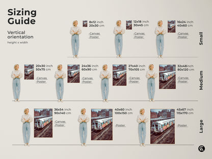 Sizing guide for vertical graffiti subway train art. Visualize canvas and poster sizes from small to large. Transform your space with industrial loft cityscape wall artwork a great hip hop fan gift.