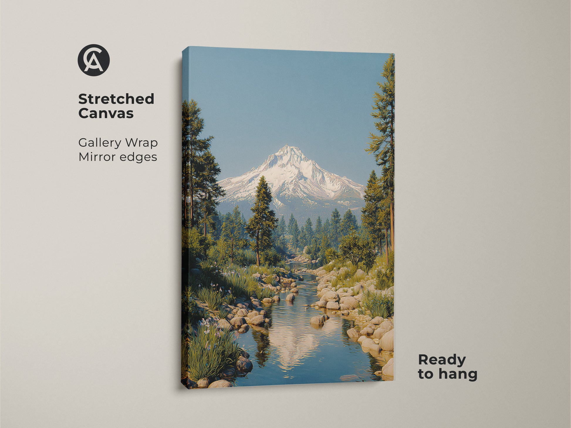 Stretched canvas gallery wrap of a snowy peak landscape art. The mountain river scene features rustic pine trees and a clear blue sky. Ready to hang this scenic nature artwork brings the outdoors inside. Perfect wanderlust wall decor.