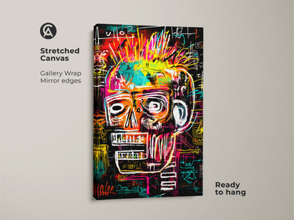 Stretched canvas print of a Basquiat-style skull art. The artwork has a gallery wrap and mirrored edges. The canvas is ready to hang. Notice the vivid colors and expressive brushstrokes. Great for modern art collectors.