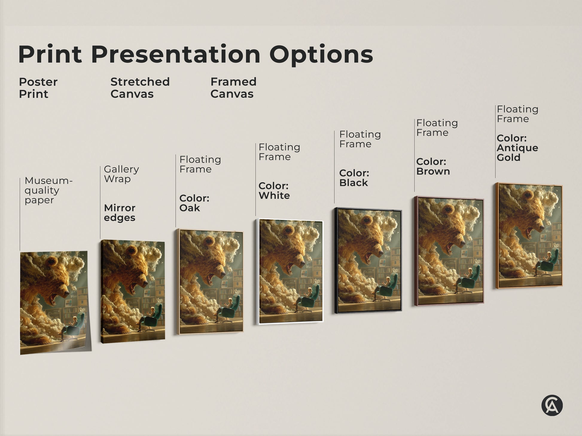 Print presentation options including poster prints stretched canvas & framed canvas. Options include museum-quality paper gallery wrap & floating frame in oak white black brown & antique gold.