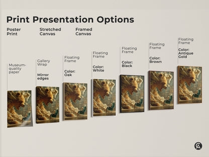 Print presentation options including poster prints stretched canvas & framed canvas. Options include museum-quality paper gallery wrap & floating frame in oak white black brown & antique gold.