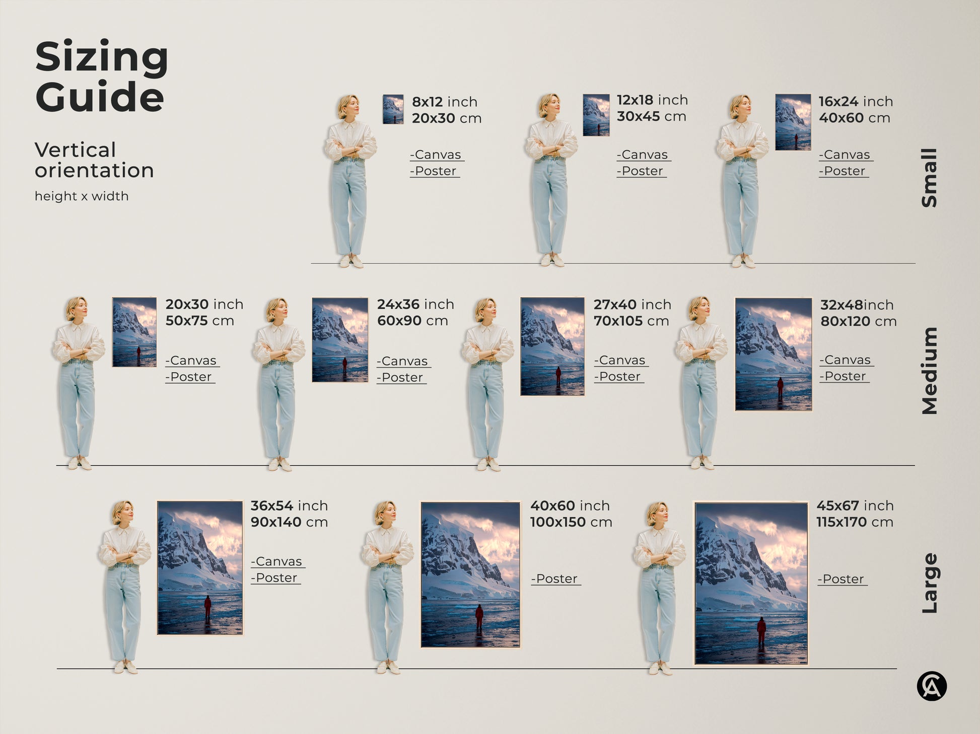 Sizing guide showing canvas and poster art print sizes. The vertical orientation height and width includes small medium and large examples. Each features an explorer in a red suit with icy mountains.
