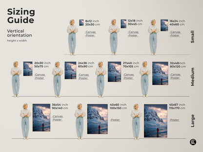 Sizing guide showing canvas and poster art print sizes. The vertical orientation height and width includes small medium and large examples. Each features an explorer in a red suit with icy mountains.