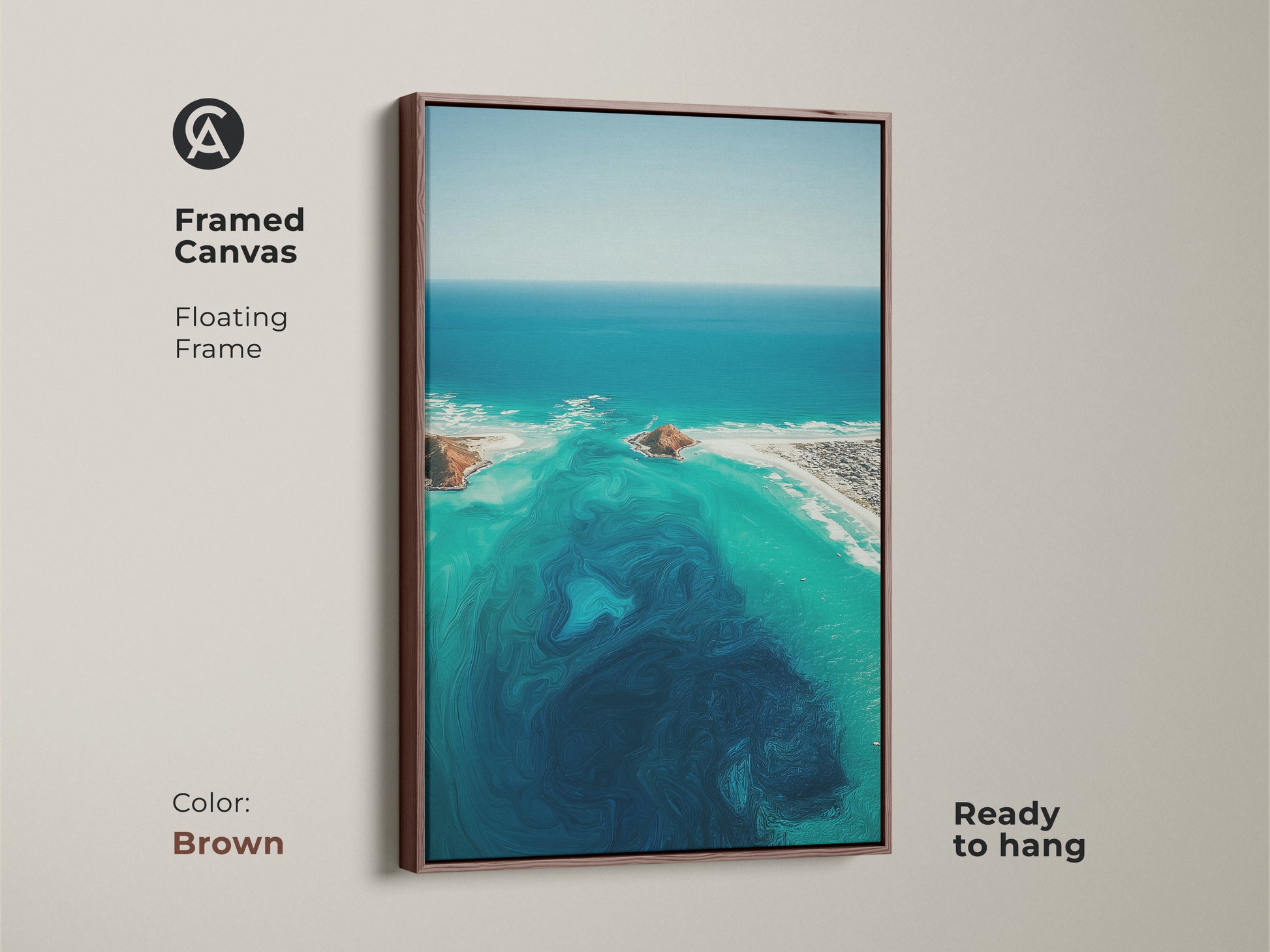 Brown framed canvas of an abstract ocean. This turquoise aerial view artwork is coastal landscape wall art. It shows deep blue swirls and aqua beach house decor. The floating frame is ready to hang.