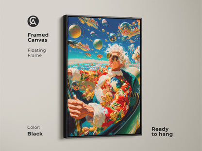 Framed canvas artwork shows a person driving a car with planets in the sky. This floating frame canvas is black. The art is ready to hang. Shop framed canvas prints today.