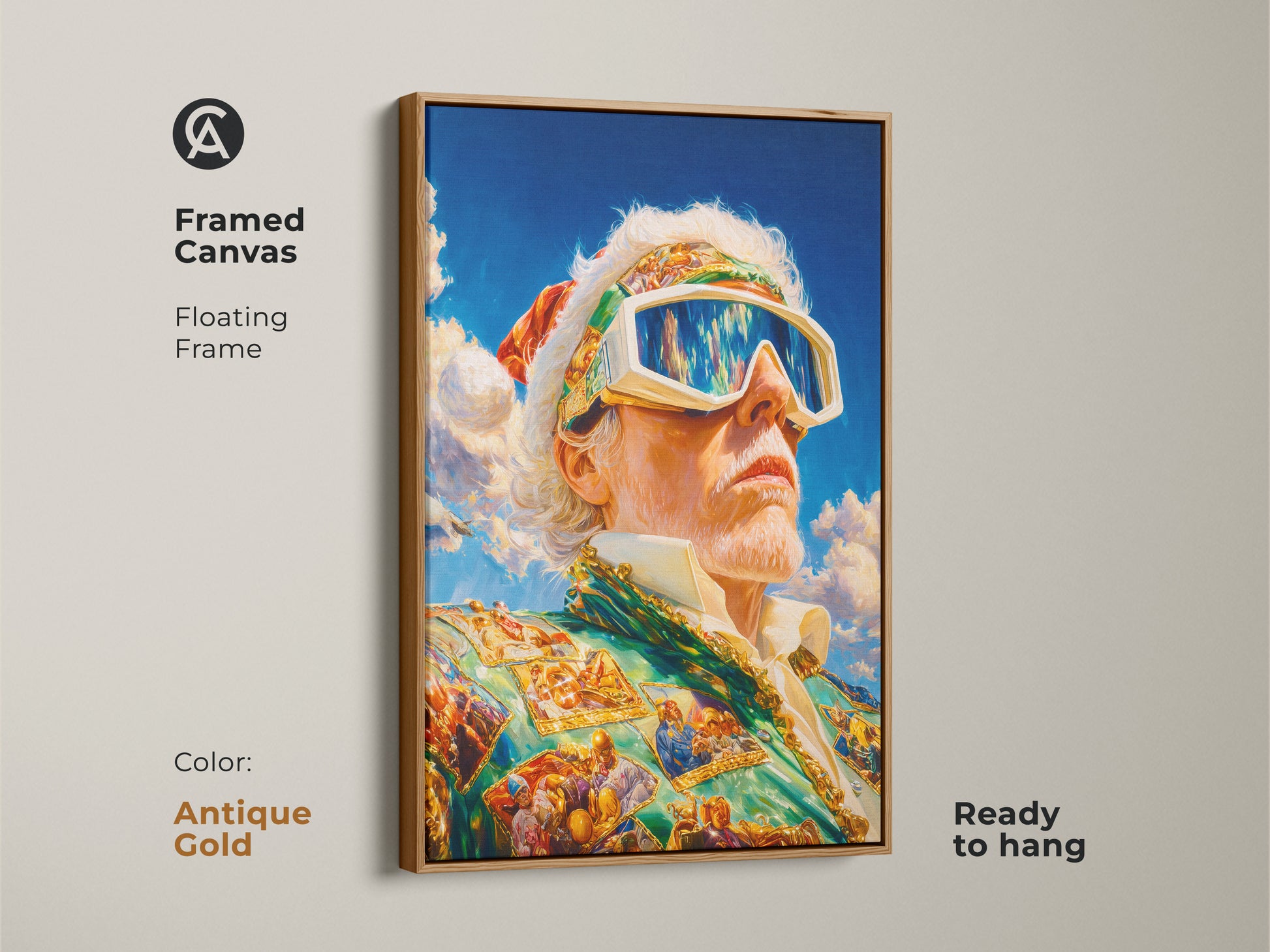 This framed canvas art features an antique gold floating frame. The artwork shows a man with goggles and a suit. It is ready to hang. The gold frame adds elegance to the art. Perfect for a sophisticated art display.