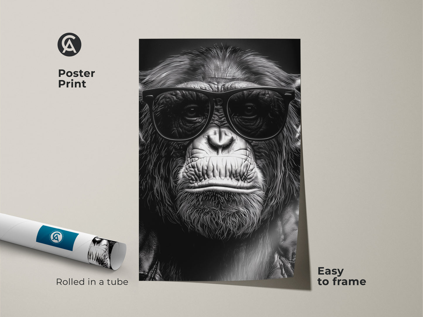 A poster print showcases a chimpanzee in sunglasses. This black and white primate art is easy to frame. The cool gorilla artwork arrives rolled in a tube. It's ideal for study room wall art or office decor. A unique animal lover gift with an eclectic vibe.
