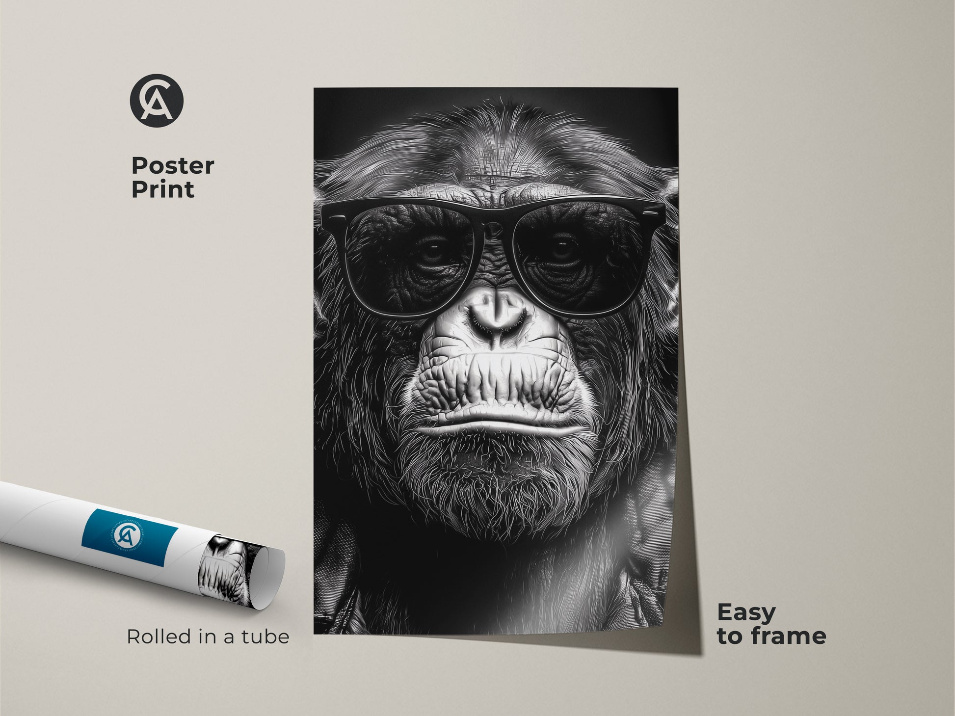 A poster print showcases a chimpanzee in sunglasses. This black and white primate art is easy to frame. The cool gorilla artwork arrives rolled in a tube. It's ideal for study room wall art or office decor. A unique animal lover gift with an eclectic vibe.