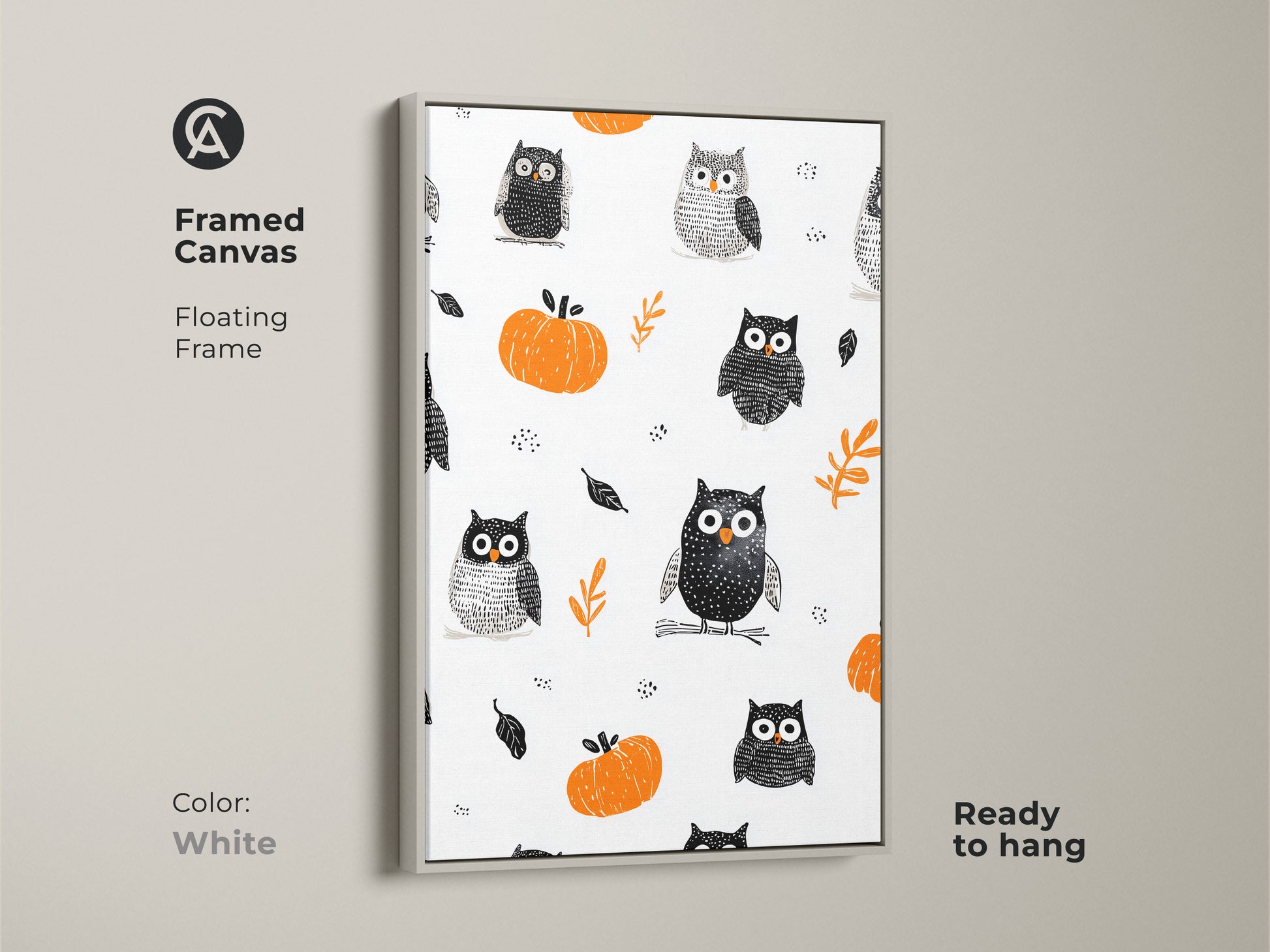 Framed Canvas in a floating frame featuring a Halloween owl and pumpkin artwork. The white frame highlights the whimsical nursery art. Perfect seasonal kids decor featuring cute animal wall art. This folk art print is ready to hang adding a playful touch to any space.