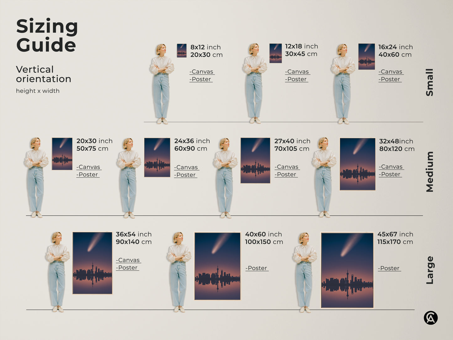 Sizing guide for the Shanghai cityscape art print. Vertical orientation options available in canvas and poster. Find the perfect fit for your space with this modern minimalist wall art.