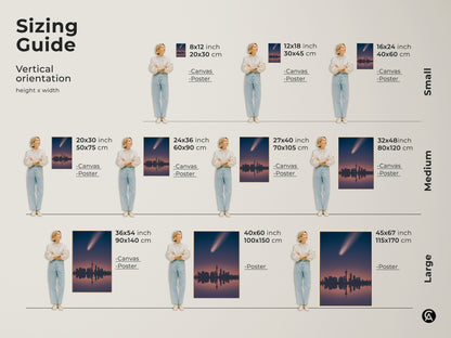 Sizing guide for the Shanghai cityscape art print. Vertical orientation options available in canvas and poster. Find the perfect fit for your space with this modern minimalist wall art.