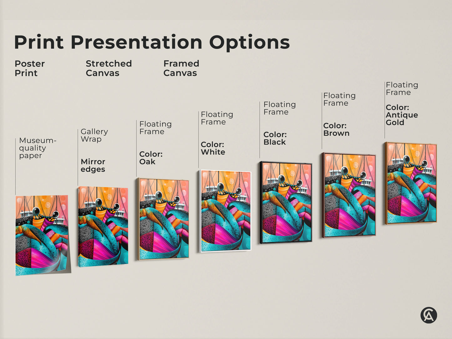 Print presentation options for abstract crab art. It shows poster prints and stretched canvases. There is also framed canvas with different frame colors. It showcases teal pink and orange marine life artwork. Find the perfect style for your coastal decor. This is ideal for any space.