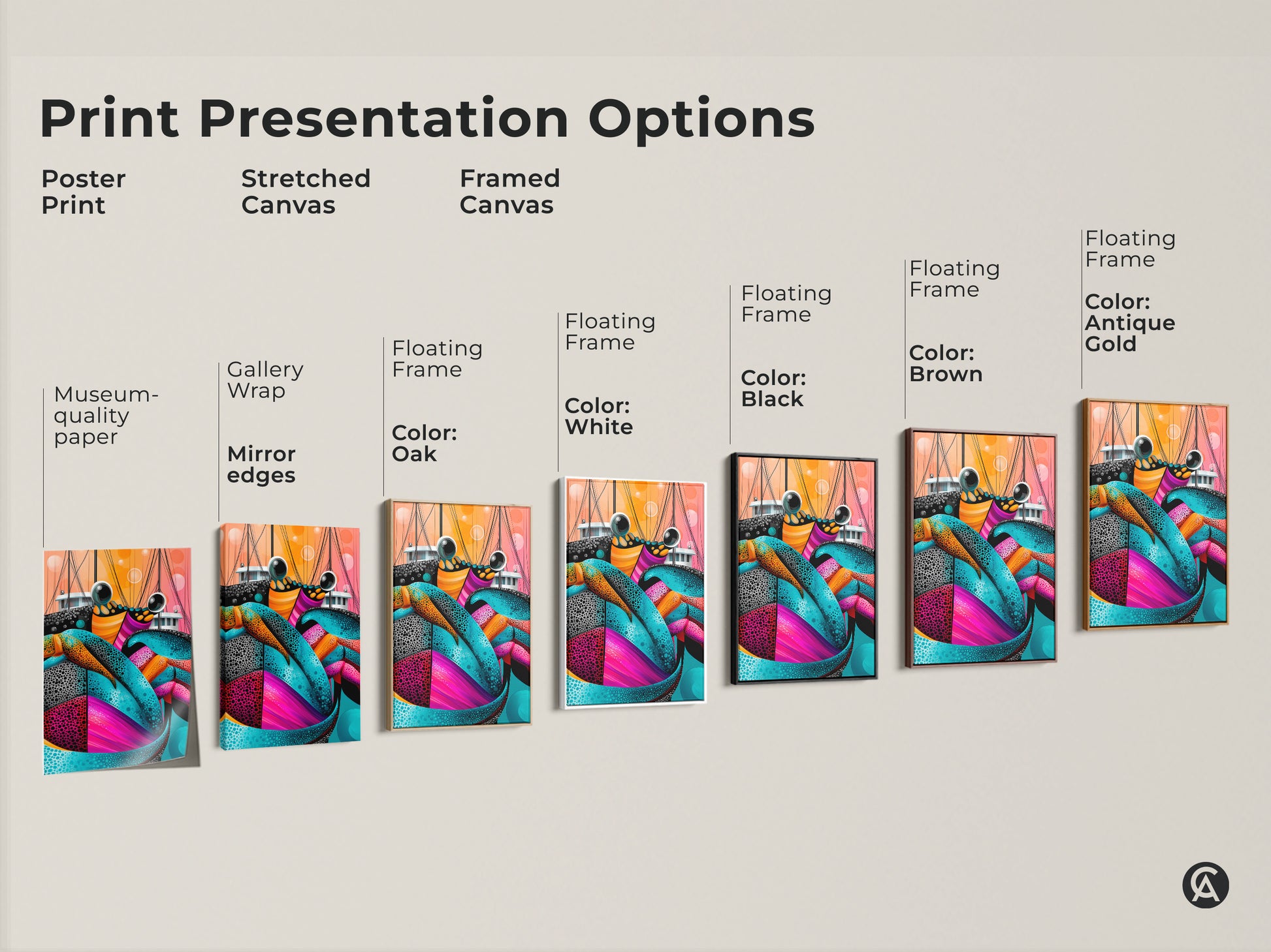 Print presentation options for abstract crab art. It shows poster prints and stretched canvases. There is also framed canvas with different frame colors. It showcases teal pink and orange marine life artwork. Find the perfect style for your coastal decor. This is ideal for any space.