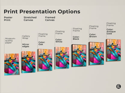 Print presentation options for abstract crab art. It shows poster prints and stretched canvases. There is also framed canvas with different frame colors. It showcases teal pink and orange marine life artwork. Find the perfect style for your coastal decor. This is ideal for any space.