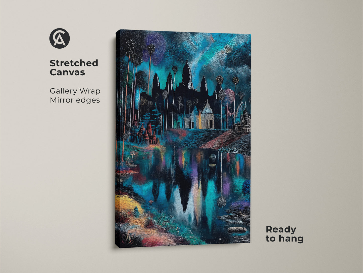 Stretched canvas print of Angkor Wat with gallery wrap. Mirror edges enhance the deep blue temple art. The teal landscape wall art is ready to hang. Eclectic travel decor brings exotic destination wall art to any space. A unique travel souvenir art print.