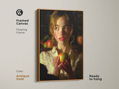 Framed canvas art with an antique gold floating frame. It features a woman holding an apple. This fine art reproduction captures the essence of classical realism. The ochre and red artwork adds elegance. This is an ideal gift for art lovers. It enhances traditional home decor.