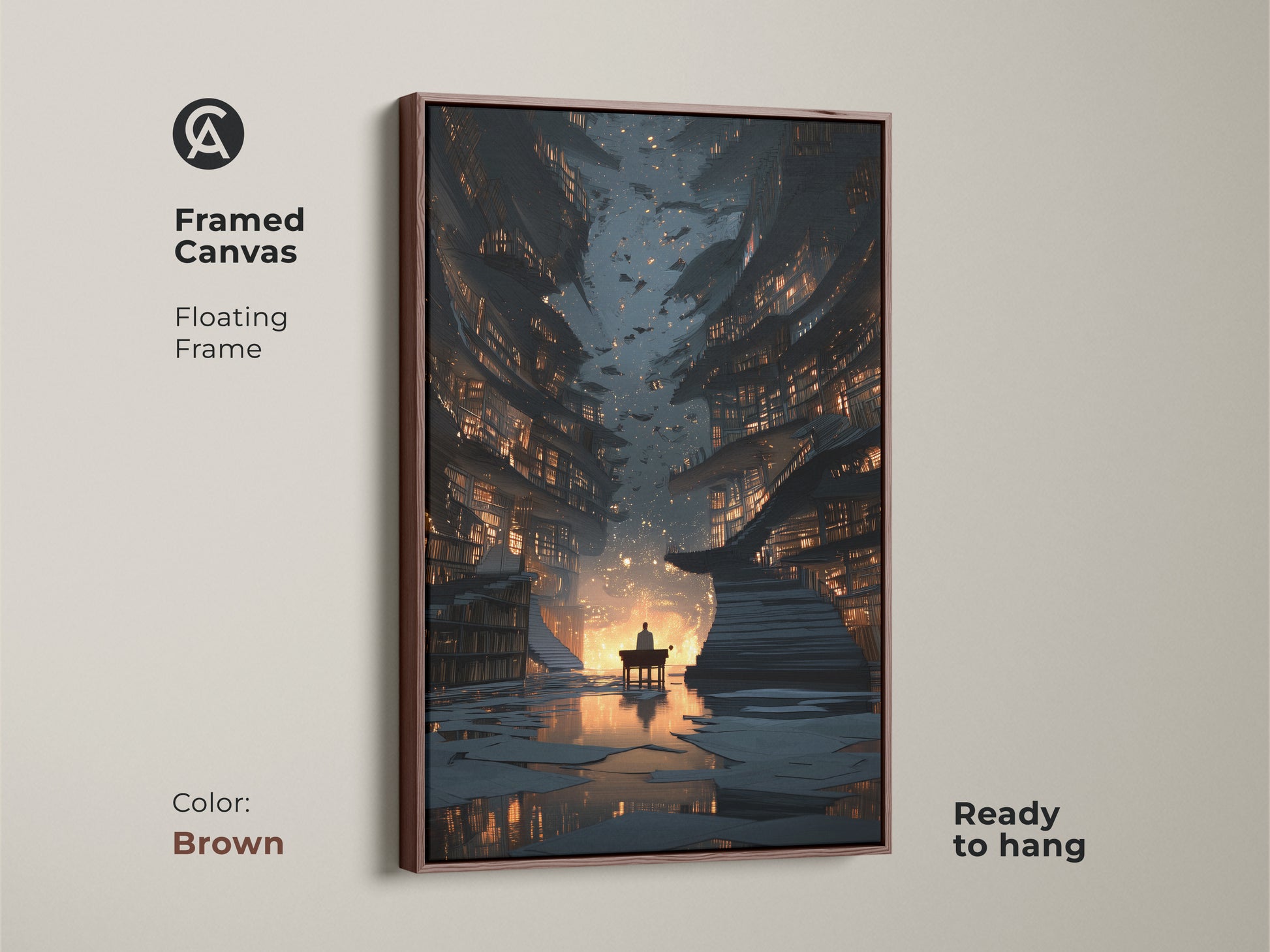Framed canvas of surreal library artwork with a brown floating frame. This digital art print is ready to hang. The fantasy bookstore canvas adds an eclectic touch to any study. It's a gold blue tone artwork.