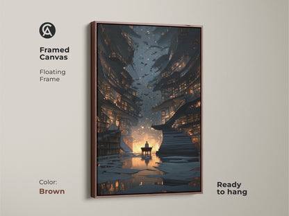Framed canvas of surreal library artwork with a brown floating frame. This digital art print is ready to hang. The fantasy bookstore canvas adds an eclectic touch to any study. It's a gold blue tone artwork.