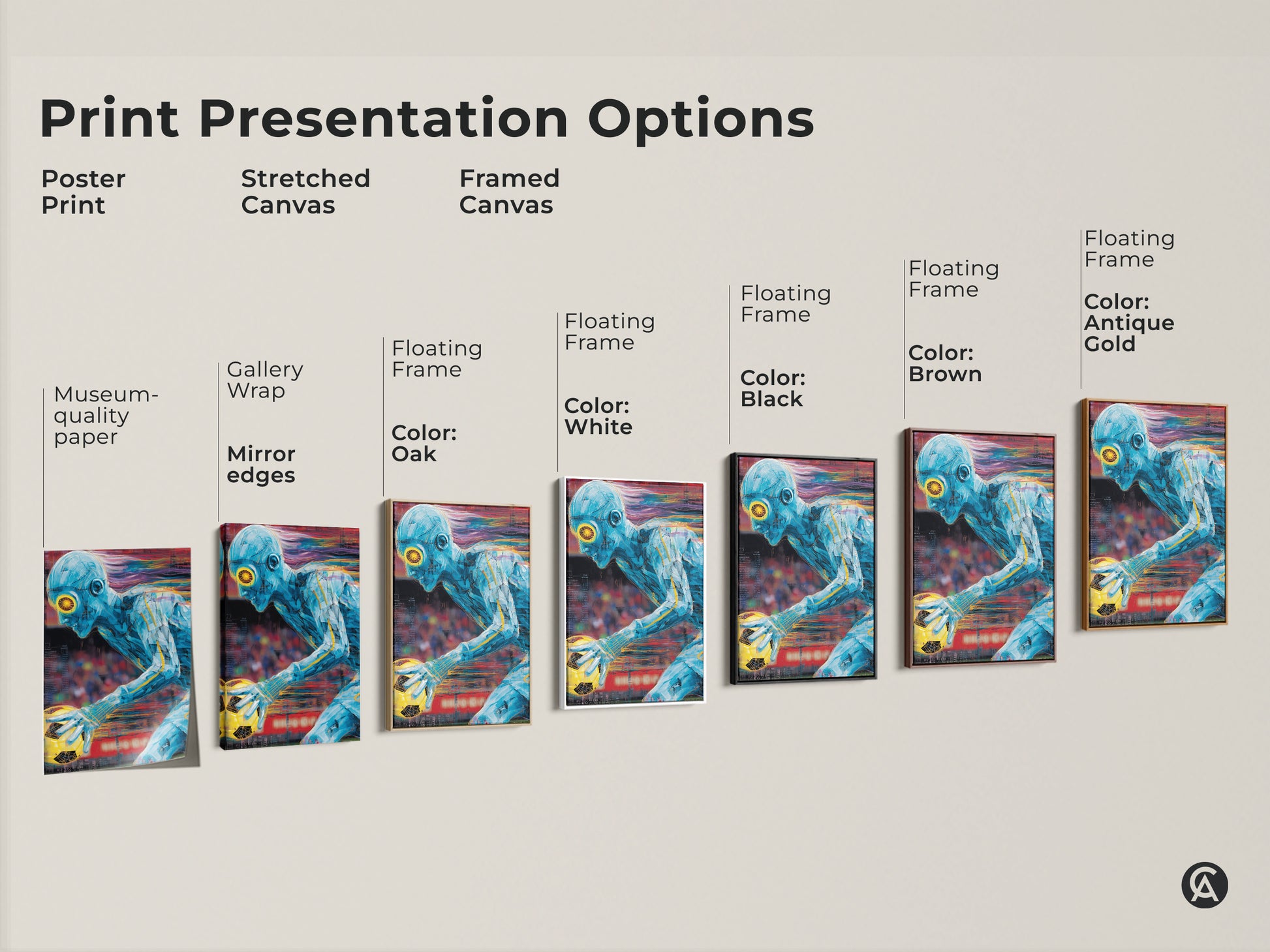 Print presentation options for abstract soccer player art. Choose from poster prints stretched canvas or framed canvas. Available in black brown antique gold and white frames. Transform your game room with modern contemporary sports art.