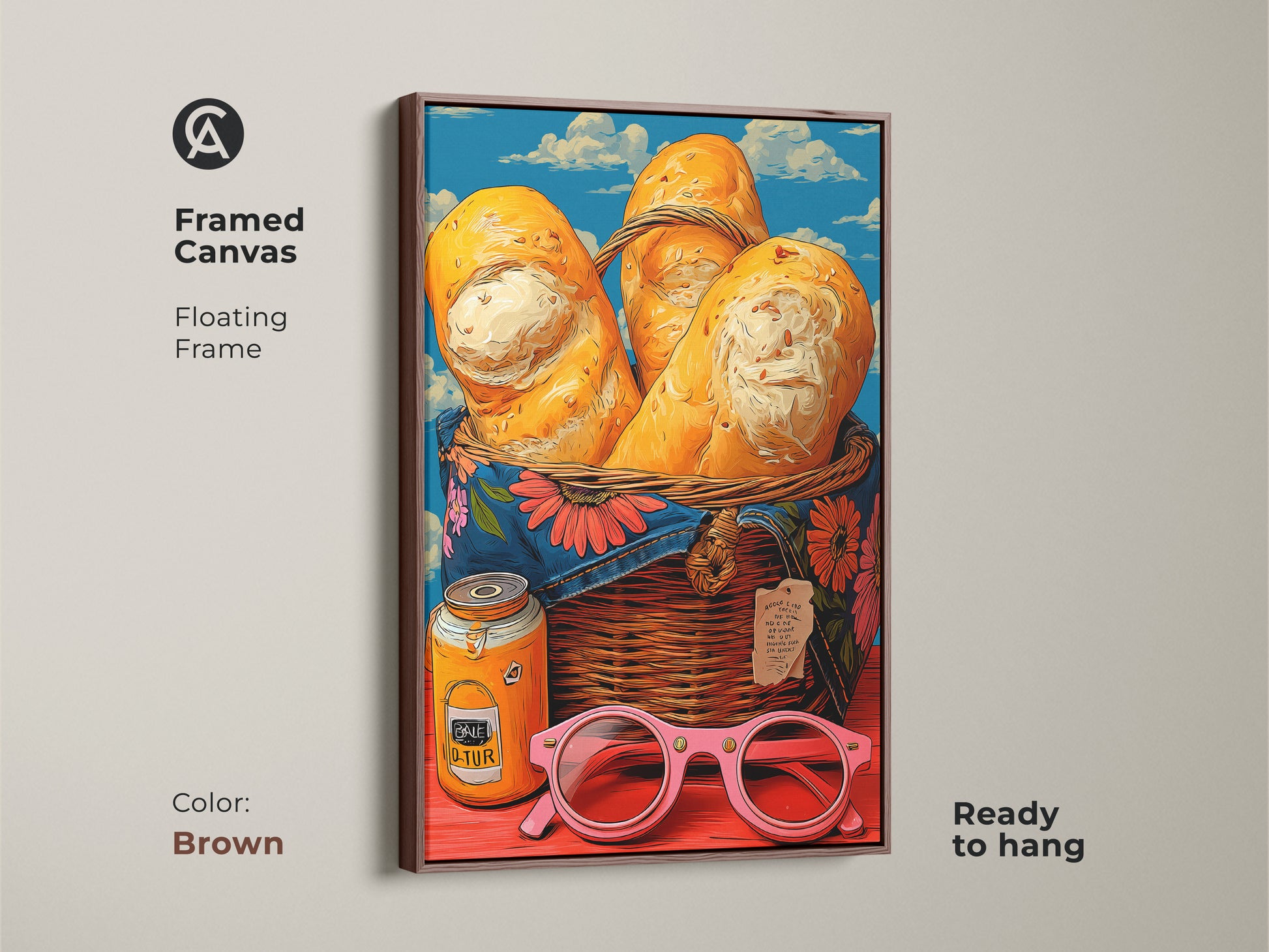 Framed canvas with floating brown frame highlights a pop art bread basket. Retro jam jar and pink sunglasses create a surreal still life. Its yellow blue orange tones bring eclectic energy. Ready to hang this artwork elevates kitchen or cafe wall decor. A perfect gift for foodies.