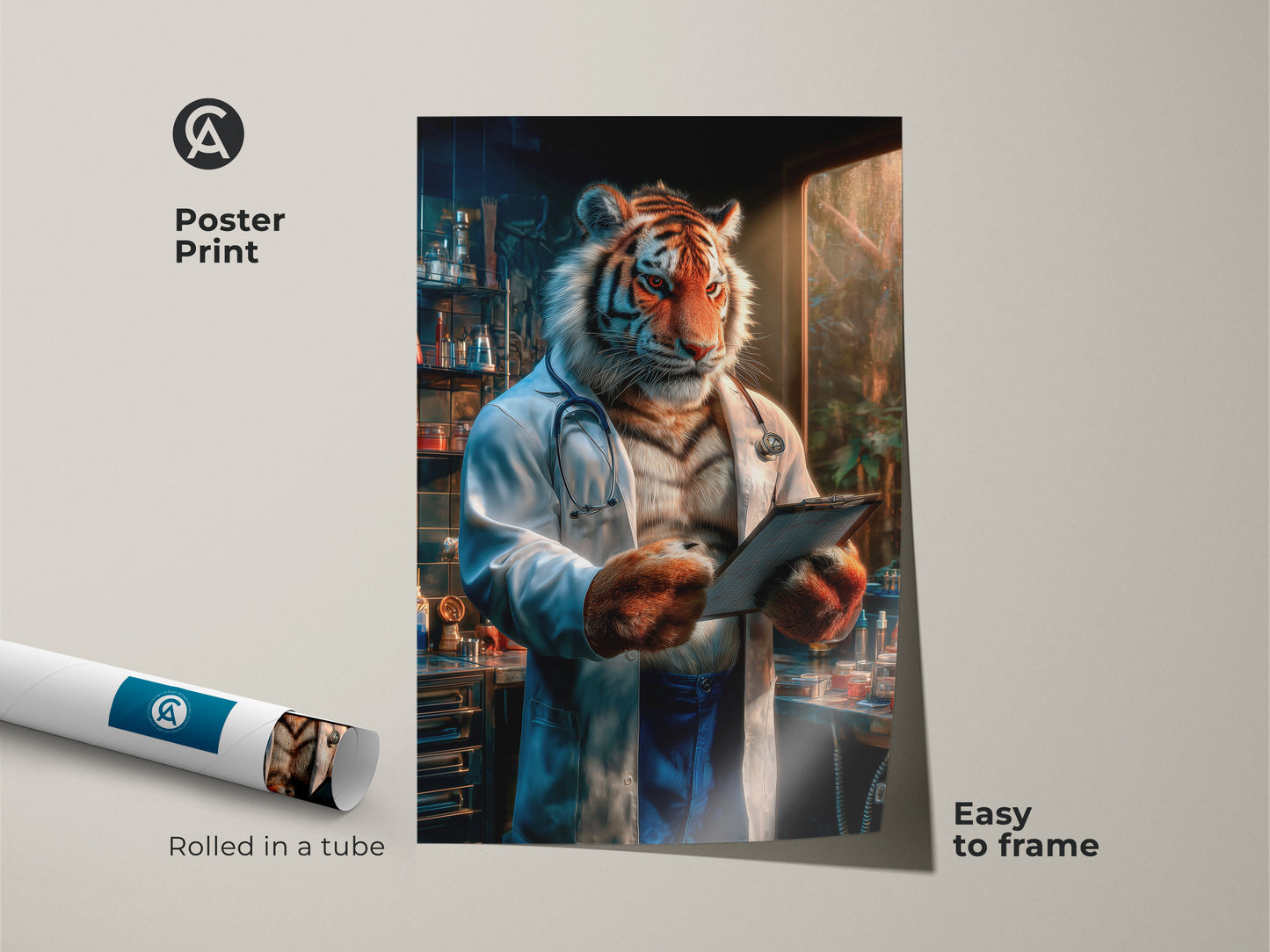 Poster print of a tiger doctor in a lab. The art is rolled in a tube and easy to frame. This unique animal artwork is perfect for doctors. The tiger is wearing a white coat