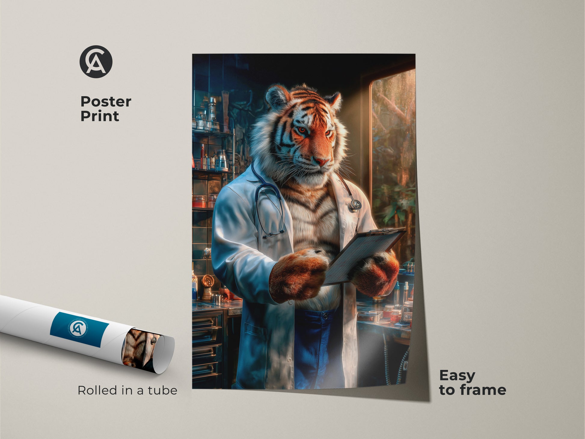 Poster print of a tiger doctor in a lab. The art is rolled in a tube and easy to frame. This unique animal artwork is perfect for doctors. The tiger is wearing a white coat