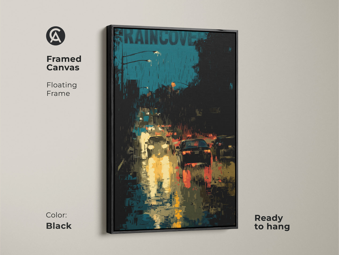 A framed canvas in black showcases the urban cityscape art. It is a rainy city street scene with contemporary teal and black colors. This yellow streetlight print is ready to hang. The car traffic artwork is modern apartment decor. This floating frame enhances the city night canvas.