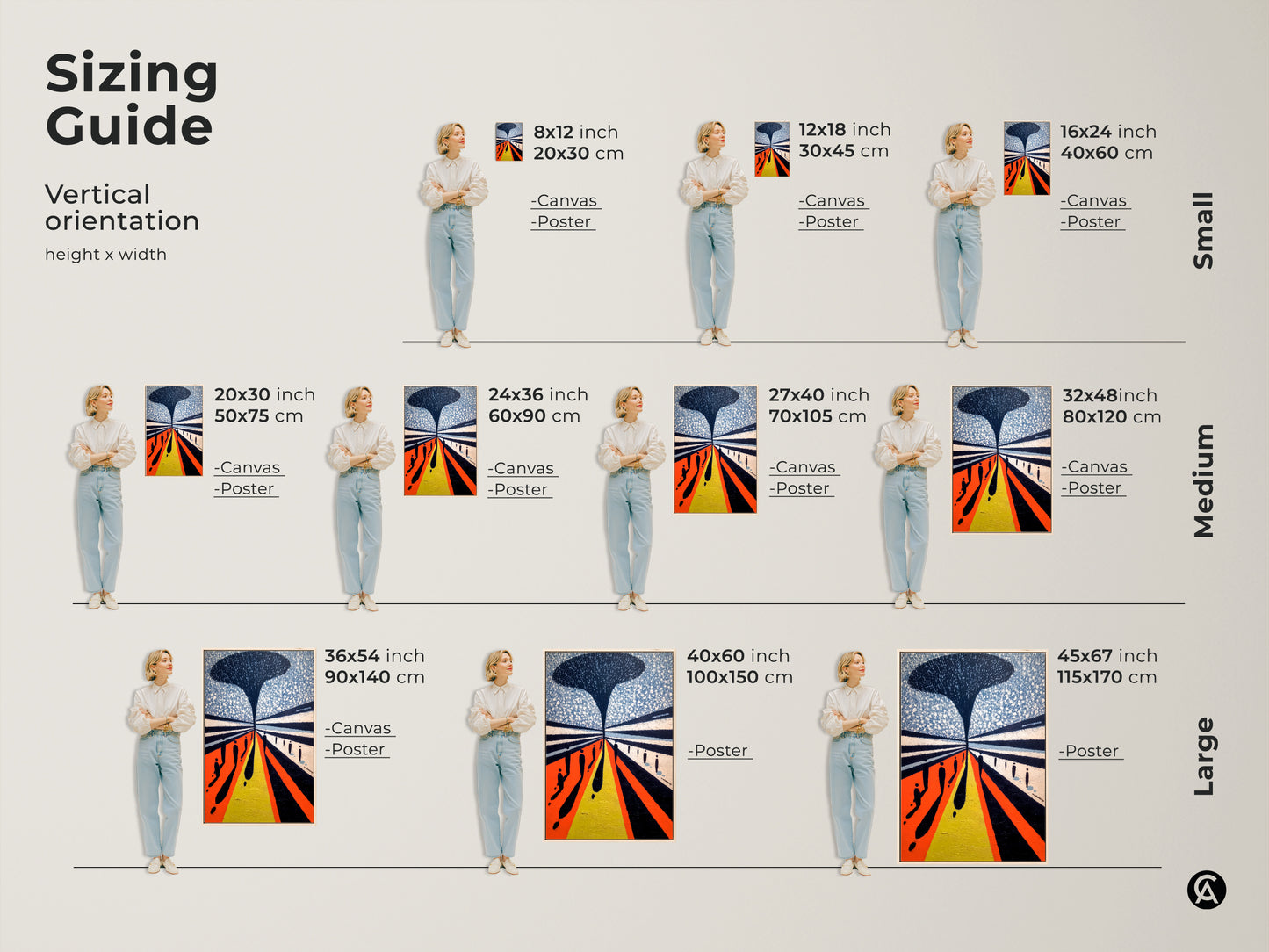 Sizing guide shows a vertical orientation art print. You can choose from Canvas or poster.  Artwork comes in small medium and large to fit your needs and style.