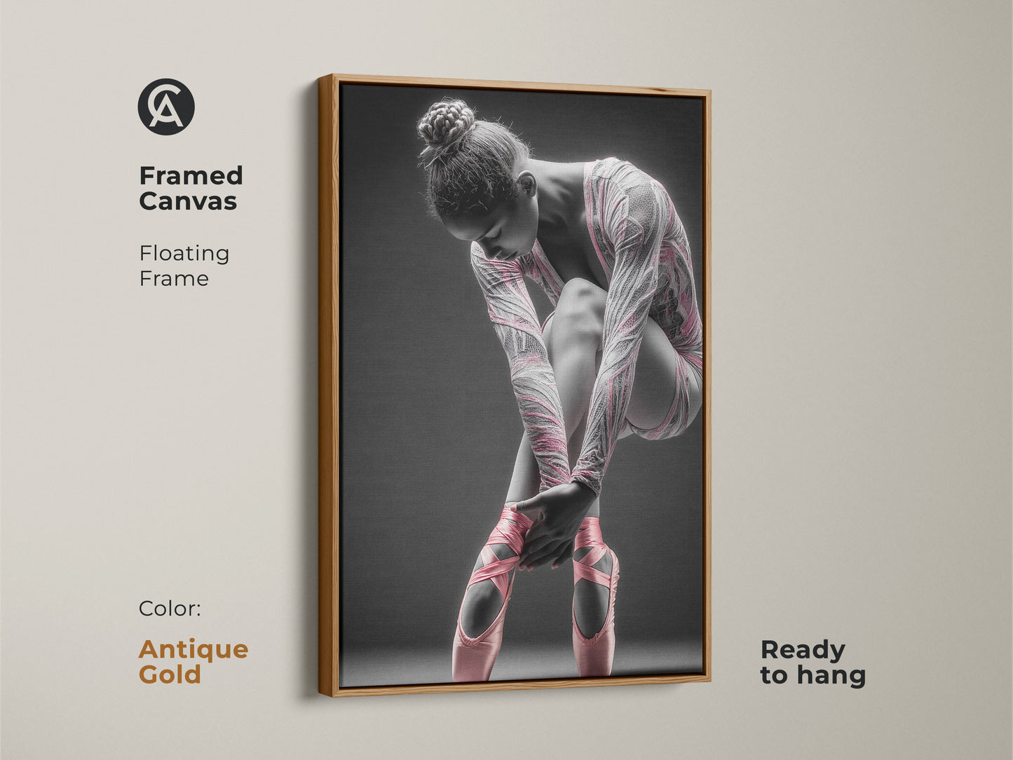Framed canvas artwork featuring a ballerina. This canvas has a floating frame. The frame color is antique gold. The art features a ballerina tying her pink ballet shoes. This framed art is ready to hang.