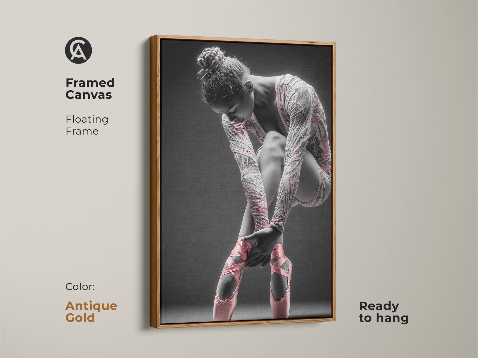 Framed canvas artwork featuring a ballerina. This canvas has a floating frame. The frame color is antique gold. The art features a ballerina tying her pink ballet shoes. This framed art is ready to hang.