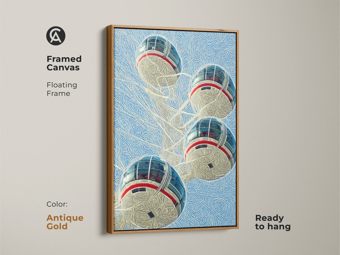 Experience the sophistication of our framed London Eye canvas artwork. Featuring an antique gold floating frame this contemporary cityscape art print is ready to hang. It adds a touch of modern city view to any room enhancing your home decor.