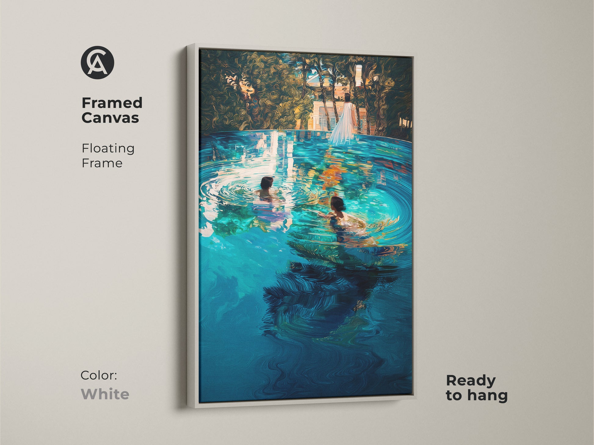 White framed canvas displays a turquoise infinity pool artwork. A couple enjoys a refreshing swim. The clean floating frame is ready to hang. It offers a modern serene touch to bedroom or living room.