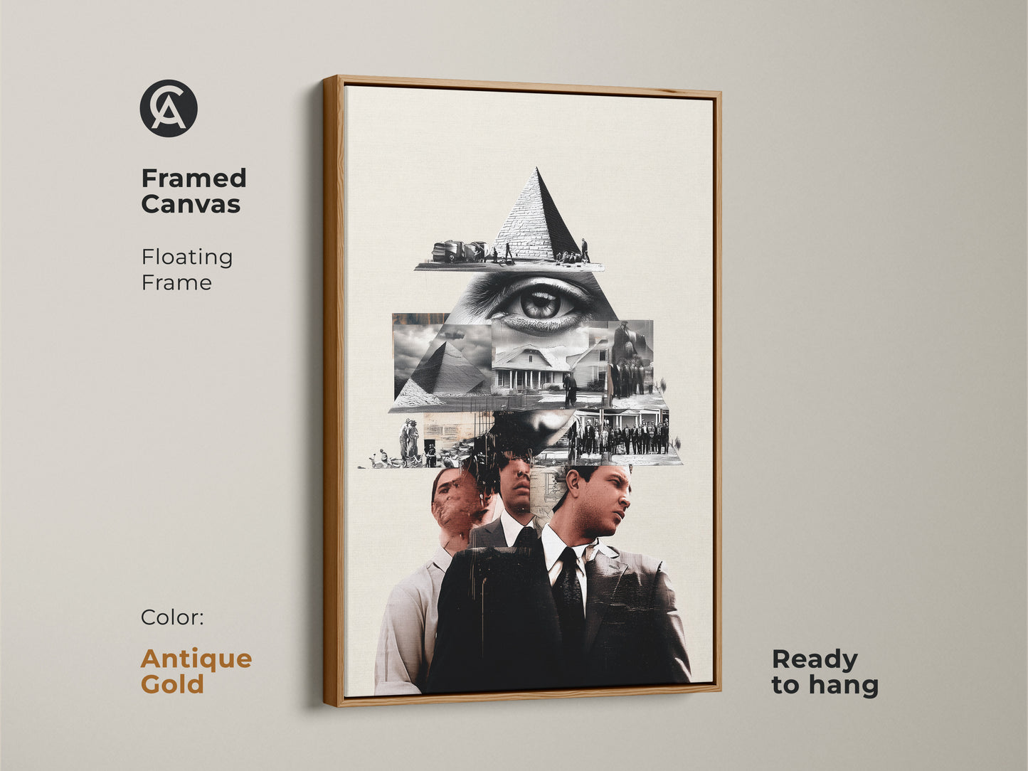 Framed in Antique Gold this Canvas features a Monochrome Eye Pyramid Collage. This surreal history themed wall art is great for office decor. The conceptual artwork features a pyramid and eye motif in black and white. Buy this intellectual wall art now.