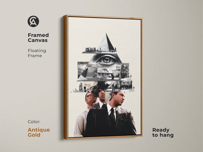 Framed in Antique Gold this Canvas features a Monochrome Eye Pyramid Collage. This surreal history themed wall art is great for office decor. The conceptual artwork features a pyramid and eye motif in black and white. Buy this intellectual wall art now.