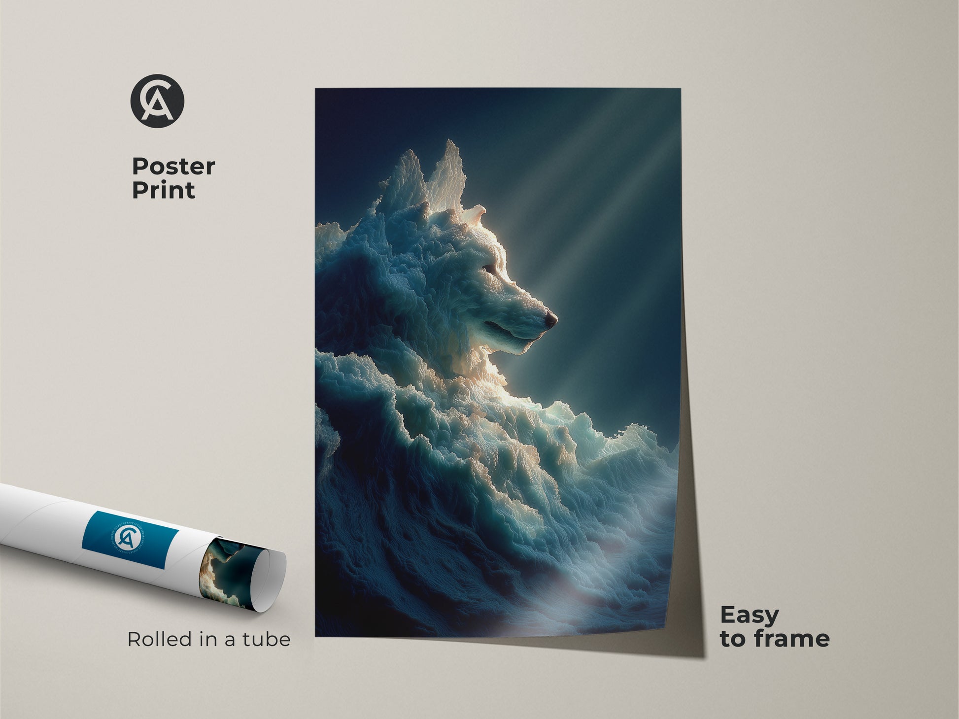 A poster print of a surreal wolf. This ice wolf canvas art ships rolled in a tube. The fantasy animal wall art is easy to frame. The deep blue and white decor is a gift for a wolf lover.